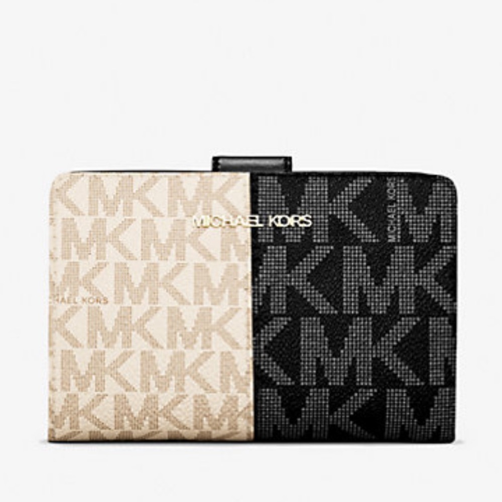 MICHAEL KORS
Jet Set Travel Medium Bifold Zip Signature Logo Wallet 
Black/White